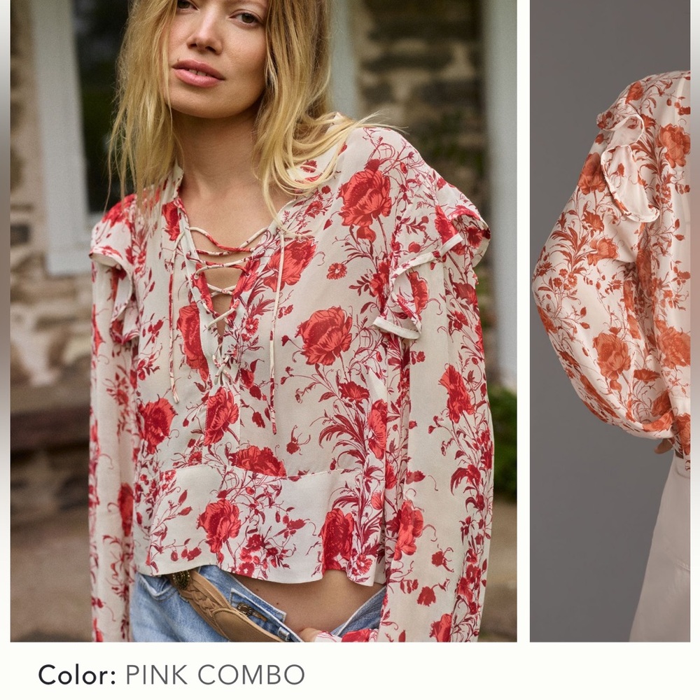 Anthropologie Maeve long sleeve ruffled sheer blouse pink combo size 1X